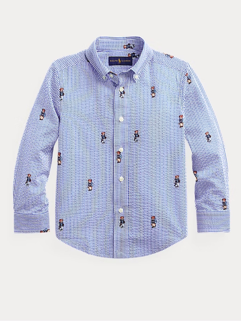 RALPH LAUREN Boating Bear Seersucker Boys Shirt Size Medium (10-12)